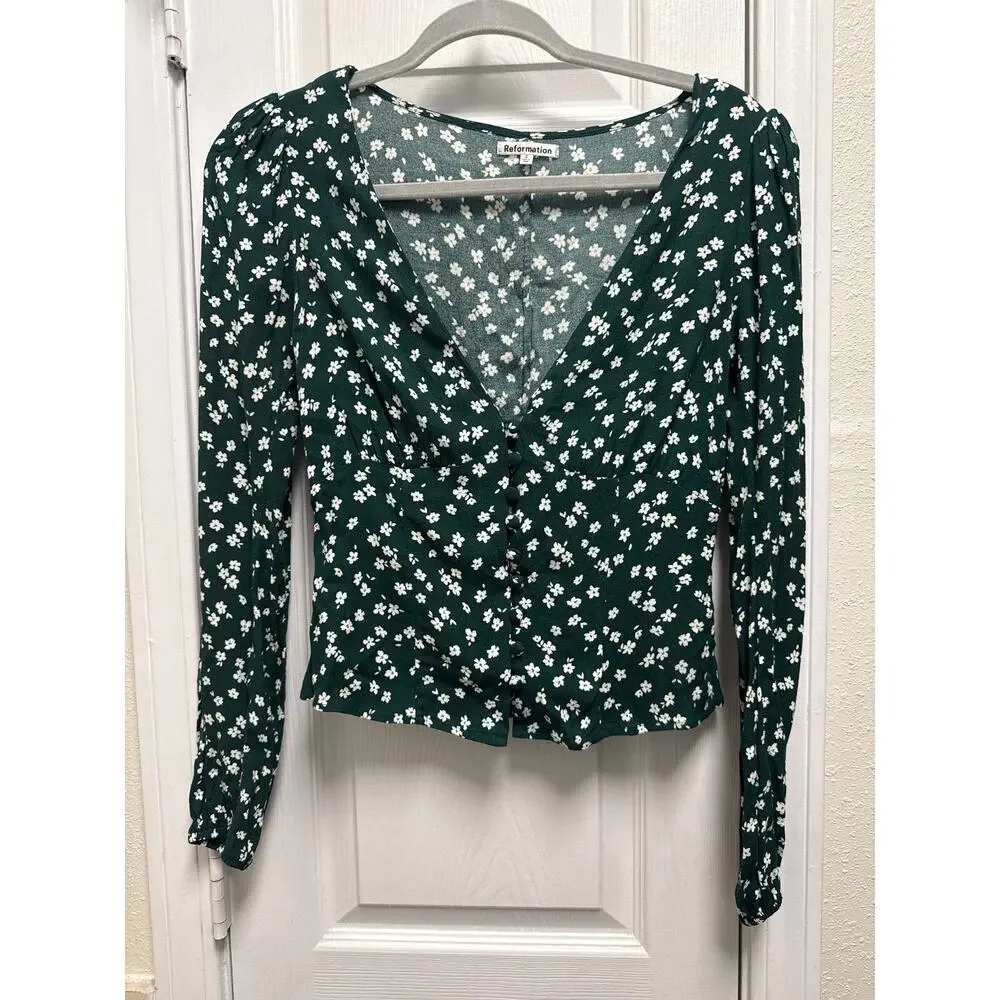 Reformation Ditsy Print Green Puff Sleeve V Neck Dainty Nell Top Size Small
